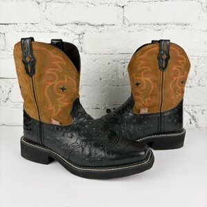 Justin Ostrich Black Brown Two Tone Leather Western Boots 8.5B